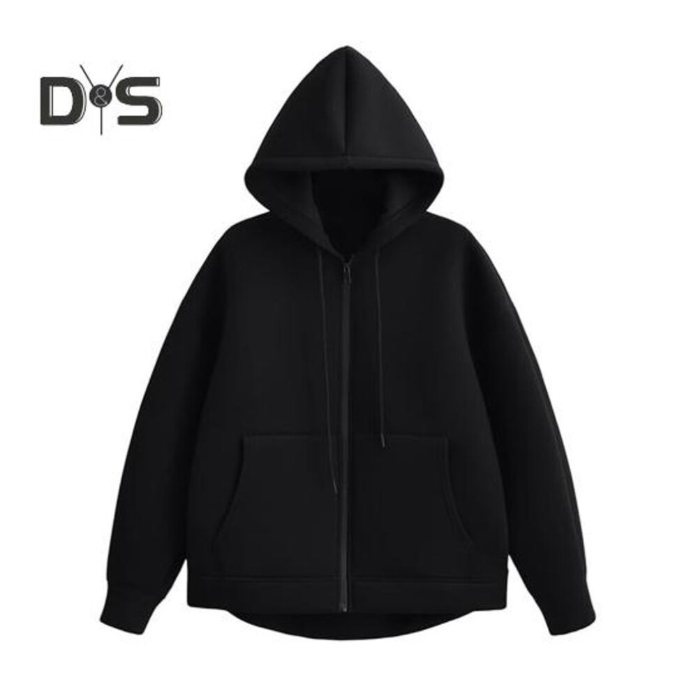(S, black) Autumn Spring Women Coat Hooded Drawstring Long Sleeves Pockets Zip-up Elastic Cuff Hem Loose Sport Hoodie Casual Daily Wear Jacket