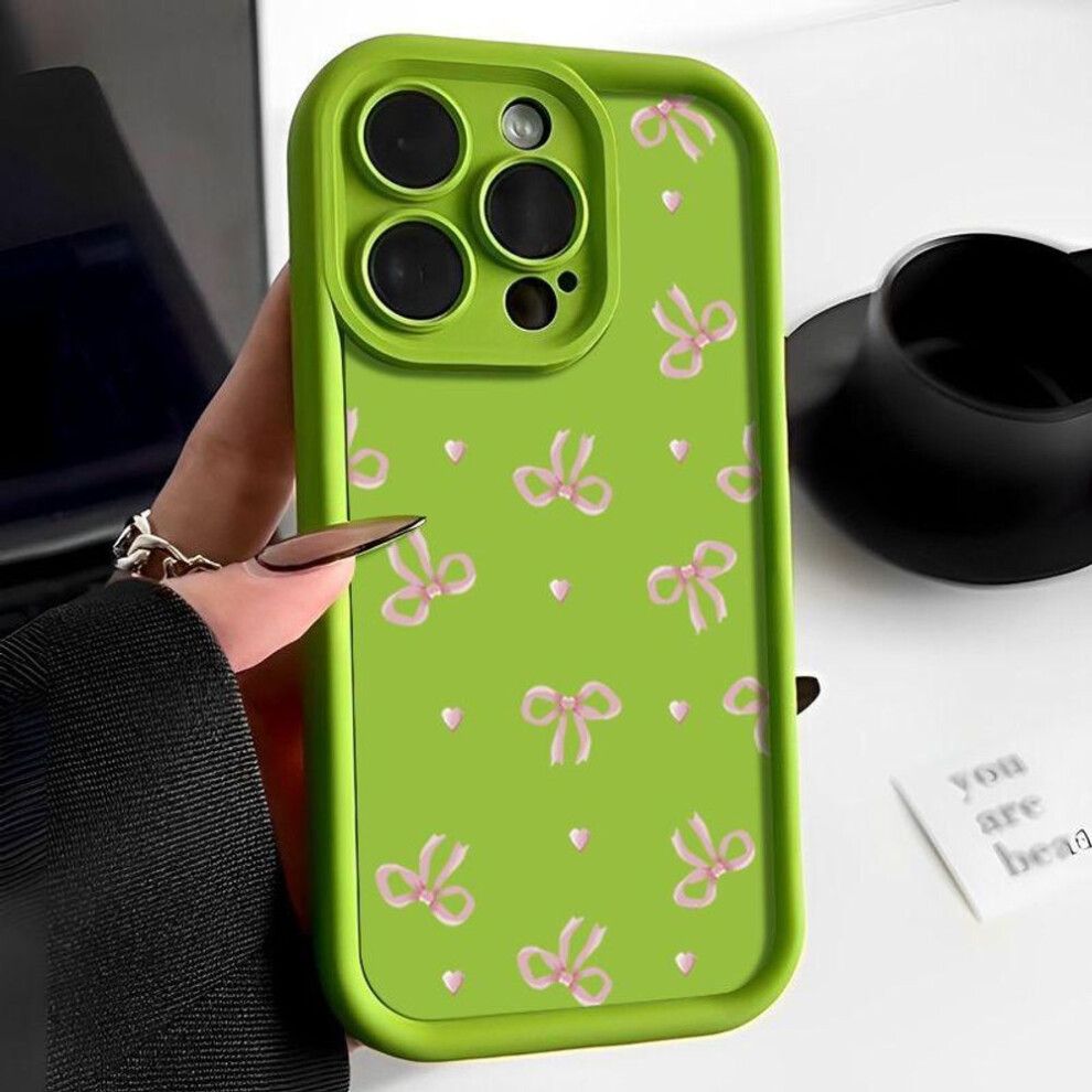 (green, iPhone 14) For iPhone 16 Pro 15 14 Plus 13 12 Pro Max 11 Xs Xr 8 7 Pink Bowknot Pattern Shockproof Matte Soft Tpu Candy Color Anti-Fall Lens Protection Cover