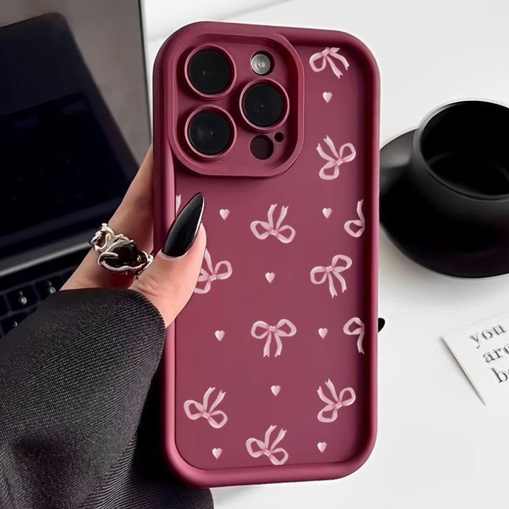 (wine red, iPhone 11) For Iphone 16 Pro 15 14 Plus 13 12 Pro Max 11 Xs Xr 8 7 Pink Bowknot Pattern Shockproof Matte Soft Tpu Candy Color Anti-fall Lens Protection Cover