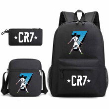 (Black 3) CR7 Ronaldo 3pcs Sets Backpack Mochila Kids Capacity Bags