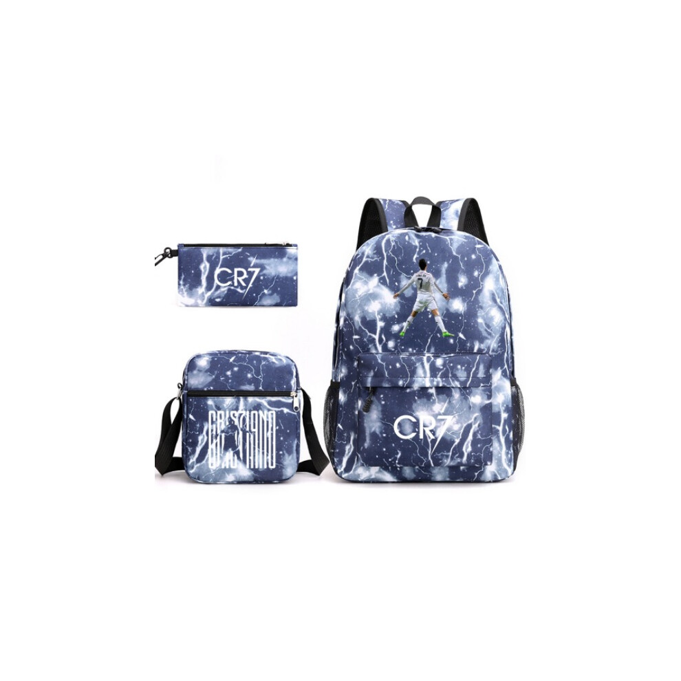 Deyaah (Lightning 4) Cr7 Ronaldo 3Pcs Sets Backpack Mochila Kids Capacity Bags-1 Blue