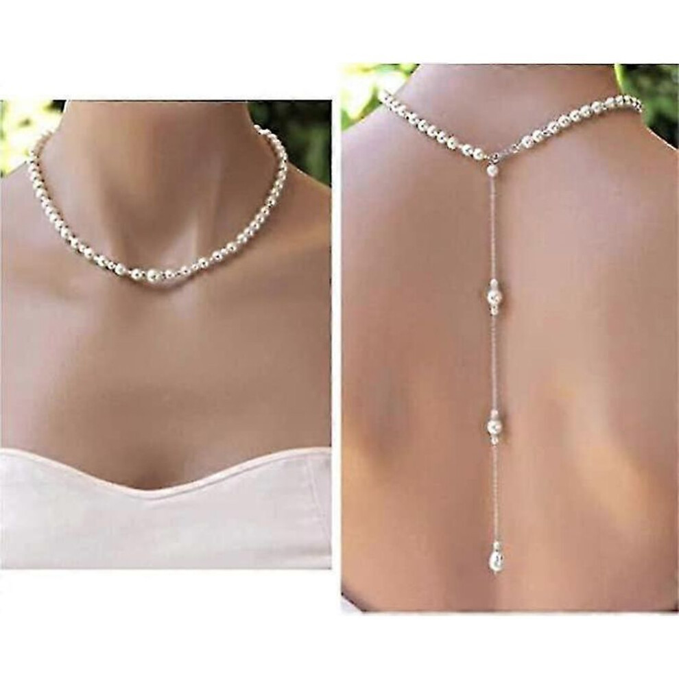 Bridal Pearl Necklace Exquisite Faux Pearl Sexy Tassel Backdrop Necklace Long Back Backless Dress Accessories For Women Girls Wedding