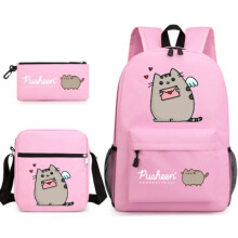 (pink) Pusheen 3pcs Sets Backpack Mochila Kids Capacity Bags