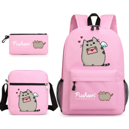 (pink) Pusheen 3pcs Sets Backpack Mochila Kids Capacity Bags