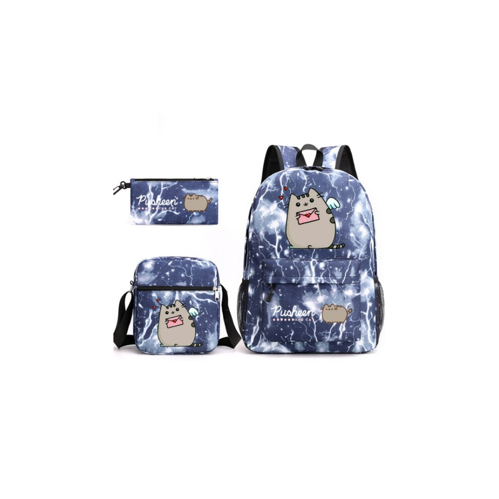 Deyaah (Lightning Blue) Pusheen 3Pcs Sets Backpack Mochila Kids Capacity Bags