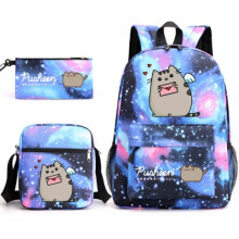 (Starry blue) Pusheen 3pcs Sets Backpack Mochila Kids Capacity Bags