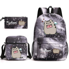 (Starry sky black) Pusheen 3pcs Sets Backpack Mochila Kids Capacity Bags