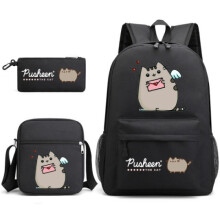 (black) Pusheen 3pcs Sets Backpack Mochila Kids Capacity Bags