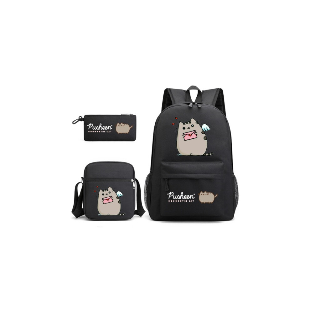 Deyaah (Black) Pusheen 3Pcs Sets Backpack Mochila Kids Capacity Bags