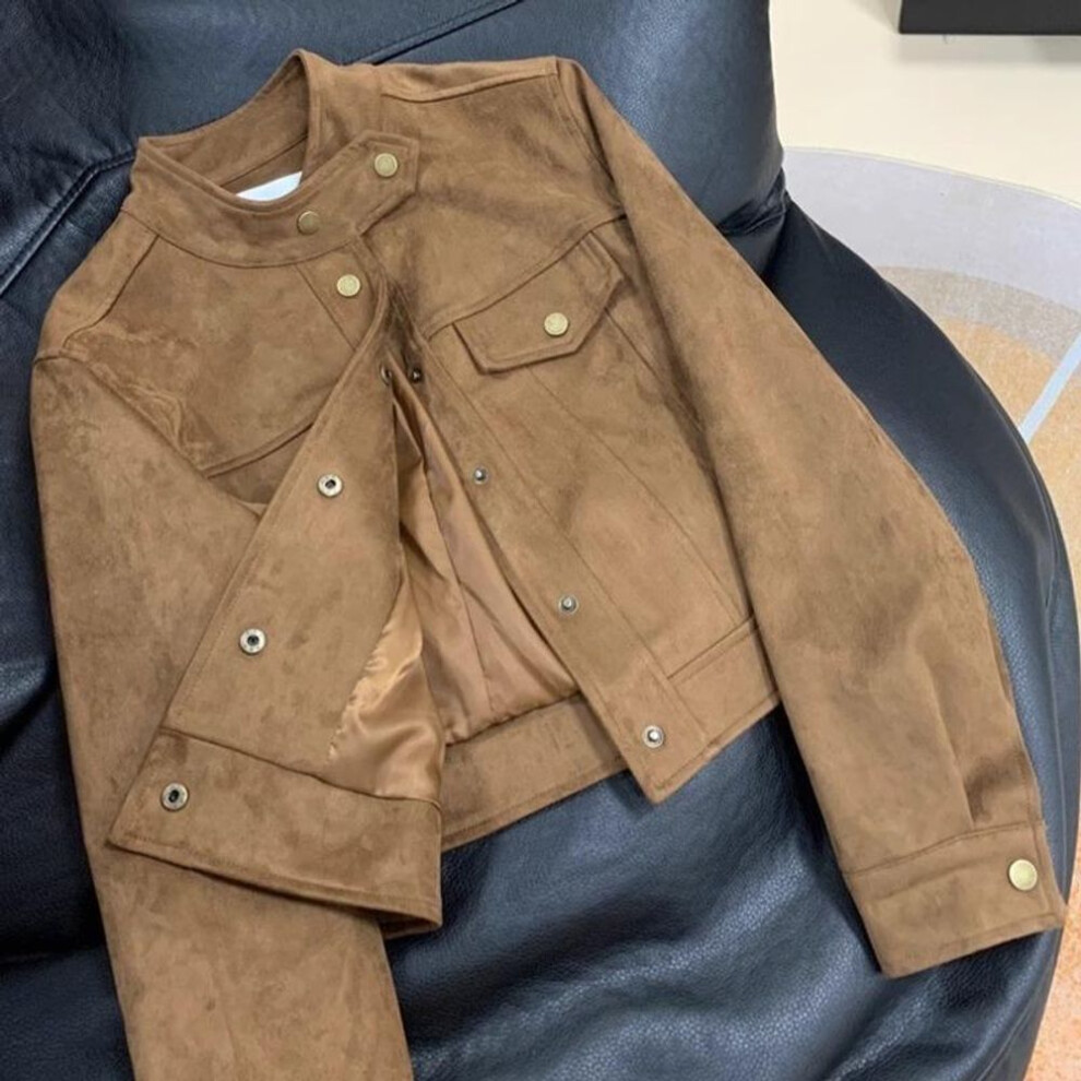 (coffee, M) Women's Spring and Autumn  American Vintage Maillard Coffee Color Leather Coat  Design Sense Suede Short Jacket Motorcycle Wear