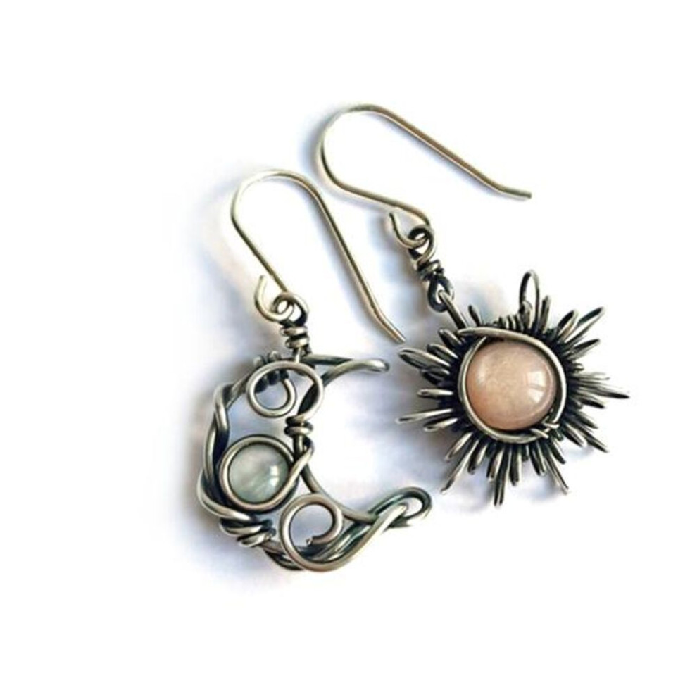 Fancy Trinket Boho Women Earrings Sun Moon Dangle Moonstone Asymmetric Hook Earrings for Party