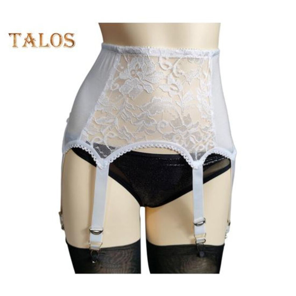 (S, white) Women Garter with 6 Claws Hollow Out See-throug Lace Floral Embroidery High Waist Elastic Stockings Fixer Club Party Honeymoon Garter