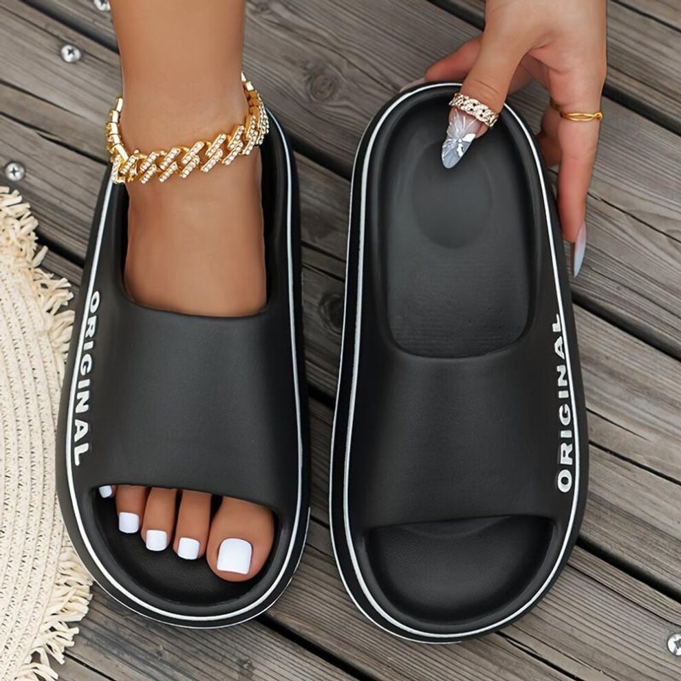 (black, 40-41) Women Letter Slippers Beach Slides Solid Color Mens Thick Sole Indoor Bathroom Anti Slip Shoes Summer Couple Sandals
