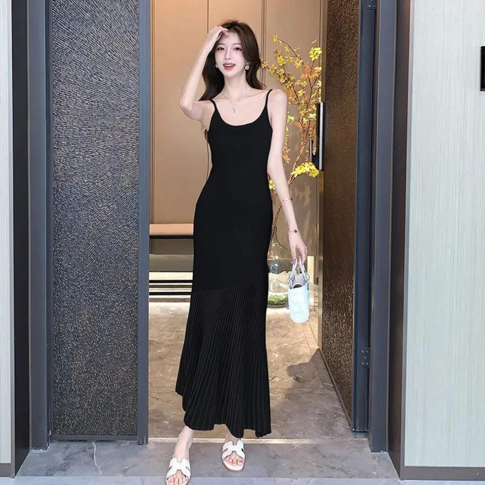 (black, One Size) Summer Korean Style Women's Clothing Sleeveless Sweater Dress Tank Knit Long Dress With Fish Tail Woman Dresses