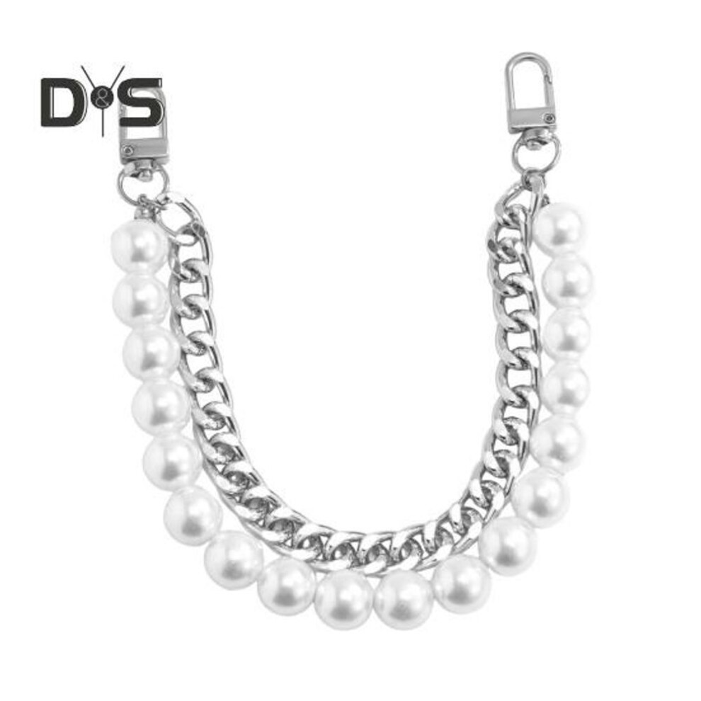 (silver) Bag Chain Replacement Handles with Clips Double-layered Faux Pearl Thick Chain Shoulder Bag Decoration Strap Detachable Handbag DIY Chain Craft