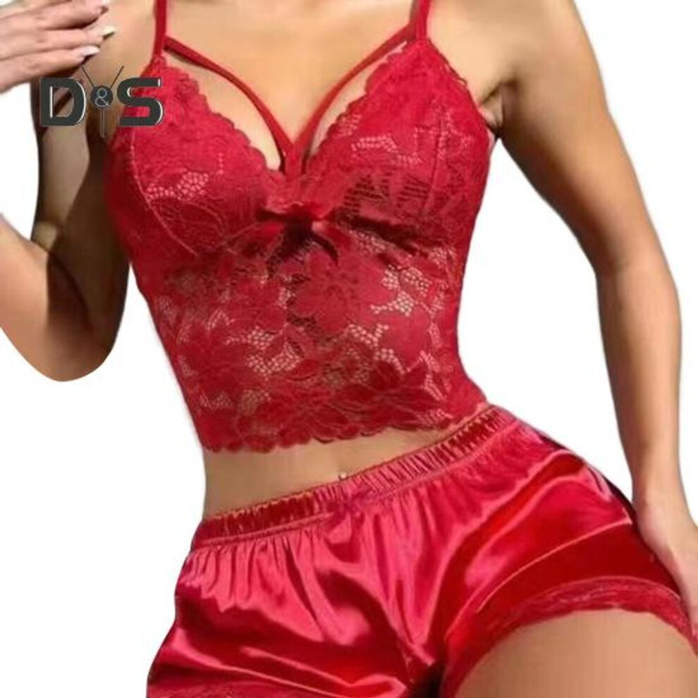 (S, wine red) 2 Pcs/Set Women Pajama Set Hollow Out Lace V Neck Backless Sleeveless Crop Top High Waist Satin Shorts Home Vacation Valentines Day Anniversary