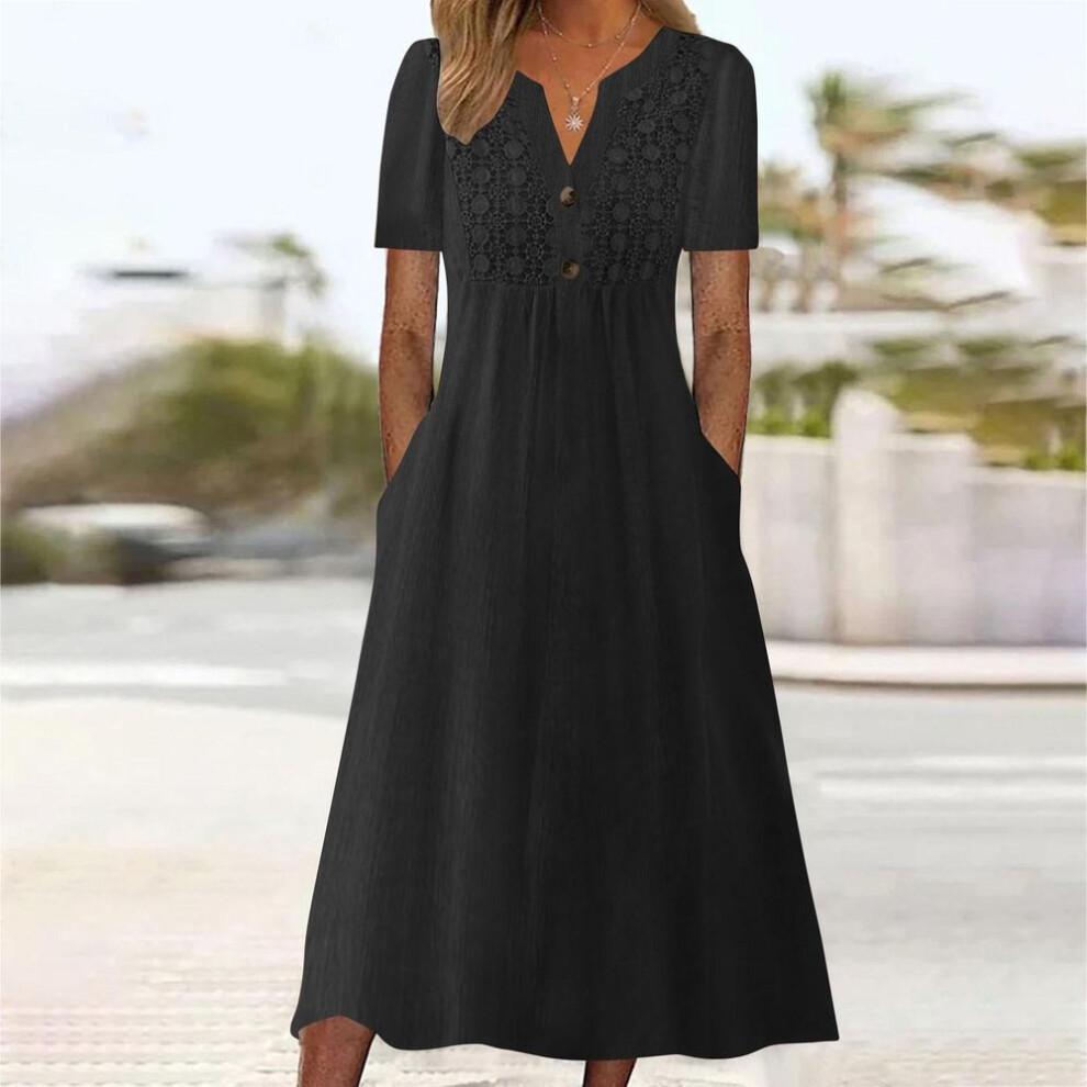 (black, XXL) Summer Dresses For Women Summer Boho Maxi Dress Short Sleeve V Neck Dresses Fashion  Dress With Pockets