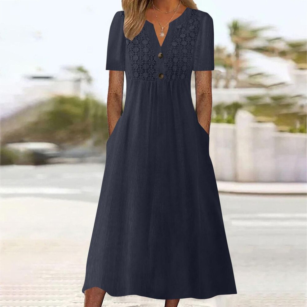 (navy, L) Summer Dresses For Women Summer Boho Maxi Dress Short Sleeve V Neck Dresses Fashion  Dress With Pockets