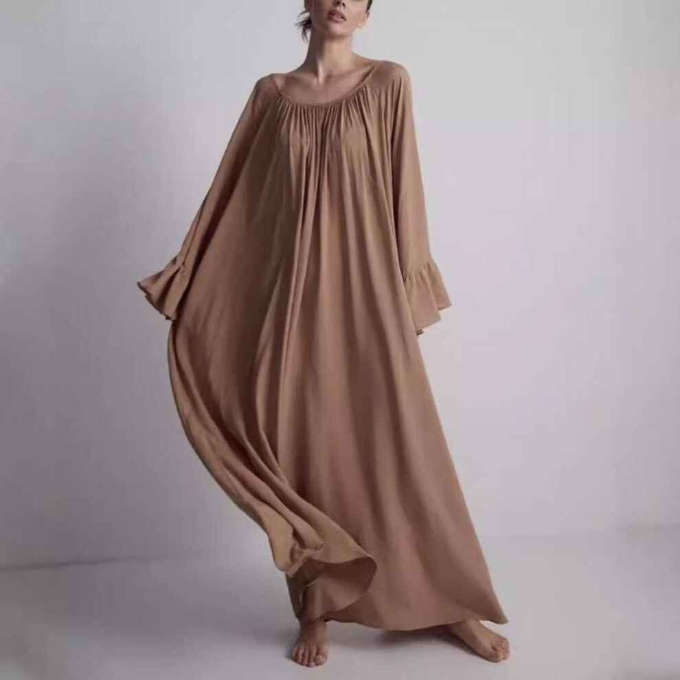 (brown, One Size) Summer New Flare Sleeve Solid Casual Oversized Dress Women Fashion Elegant O Neck Loose Plus Size Women Dresses Simple A Line Maxi Long Dress 26381