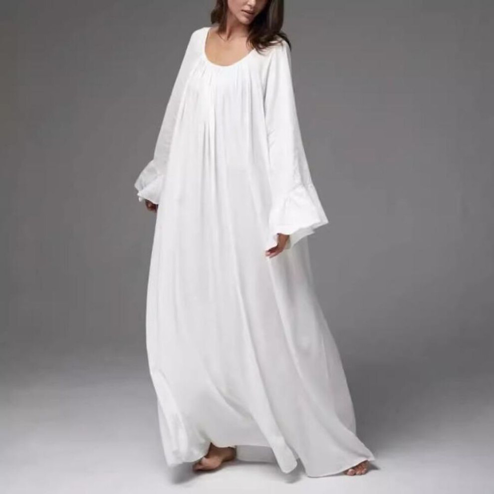 (white, One Size) Summer New Flare Sleeve Solid Casual Oversized Dress Women Fashion Elegant O Neck Loose Plus Size Women Dresses Simple A Line Maxi Long Dress 26381