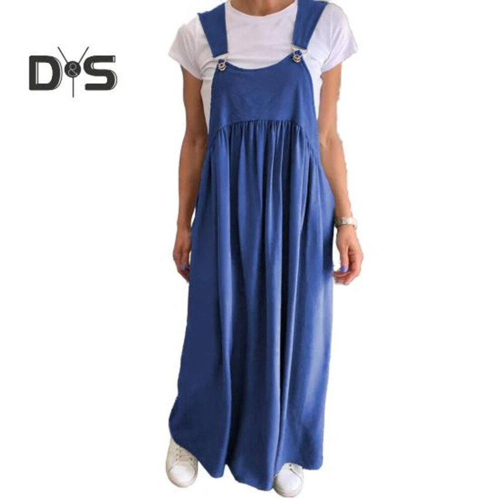 (blue, M) Women Dress Oversized Collarless Sleeveless Backless Suspender Dress Solid Color Pleated Maxi Dress for Travel Beach Daily Wear