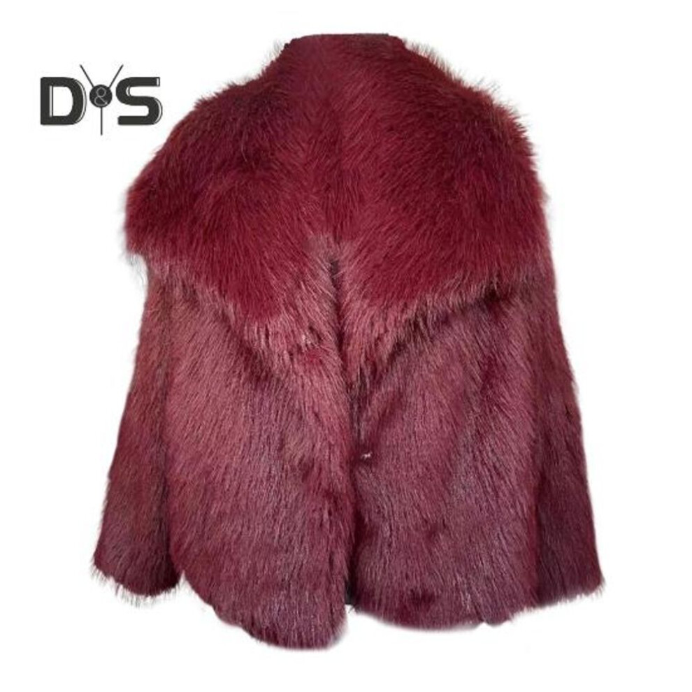(wine red, XS) Winter Women Jacket Faux Fox Fur Turn-down Collar Cozy Jacket Solid Color Cold Weather Celebrity Outdoor Outerwear