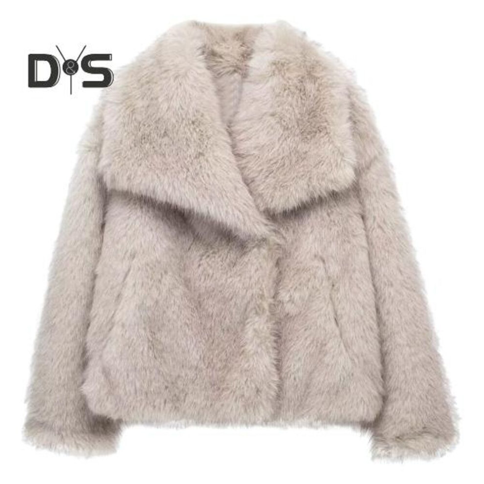 (beige, S) Winter Women Jacket Faux Fox Fur Turn-down Collar Cozy Jacket Solid Color Cold Weather Celebrity Outdoor Outerwear