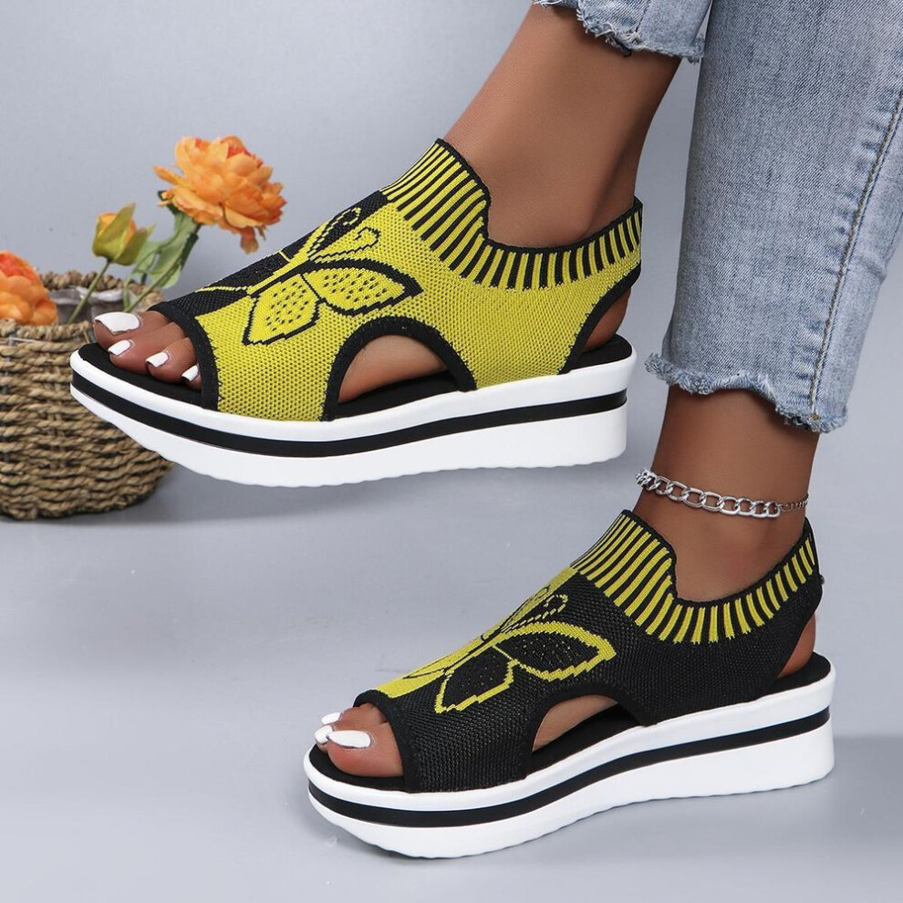 (yellow, 39) Lightweight Knitted Wedge Sandals Women Fashion Butterfly Pattern Platform Sandles Woman Plus Size Summer Beach Sandals