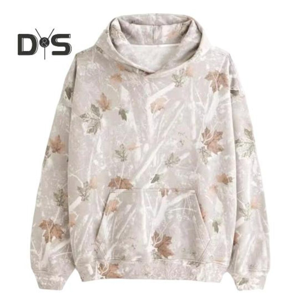 (M, white) Women Fall Winter Hoodie With Big Front Pocket 3D Maple Printing Loose Long Sleeves Pullover Outdoor Hunting Camping Disguise Top For Casual Wear Gym