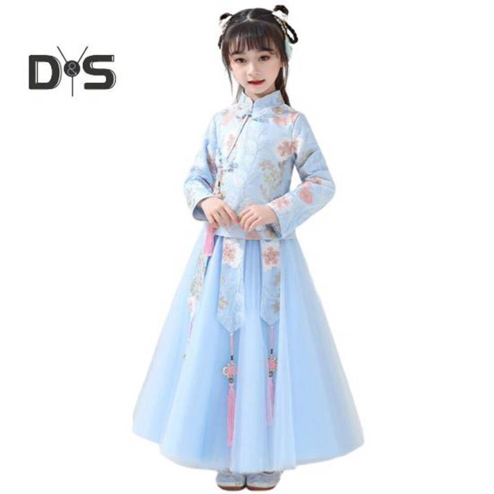 (blue, 140cm) 1 Set Girls' Cheongsam Dress Modern Chinese Style Soft Comfortable Cotton Blend Costume Suit For Autumn