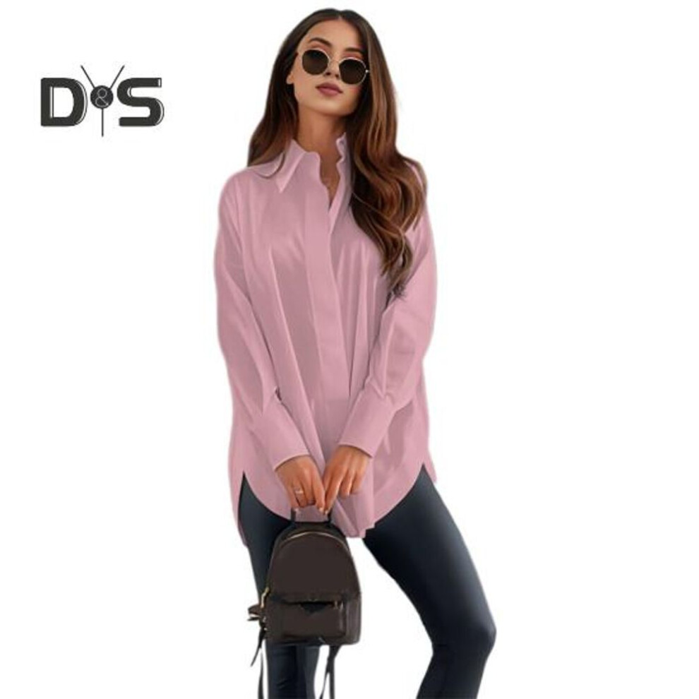(XL, pink) Women Casual Shirt Lapel Long Sleeve Single Breasted Shirt Tops Solid Color Loose Fit Commuting Style Office Lady Shirt