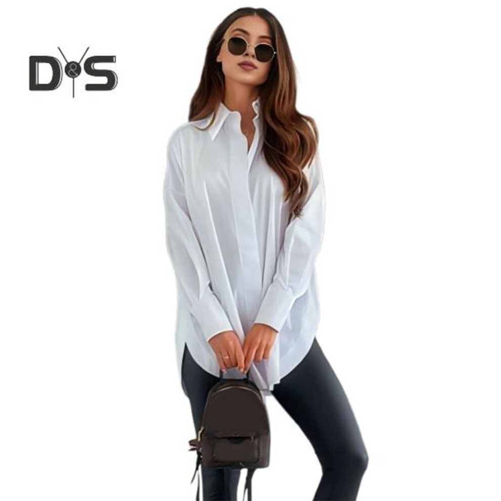 (L, white) Women Casual Shirt Lapel Long Sleeve Single Breasted Shirt Tops Solid Color Loose Fit Commuting Style Office Lady Shirt