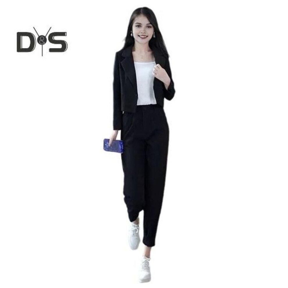 (black, M) 2 Pcs/set Women Coat Pants Set Lapel Double Buttons Cardigan Long Sleeve Jacket High Waist Solid Color Trousers Lady Formal Commute Outfit Business