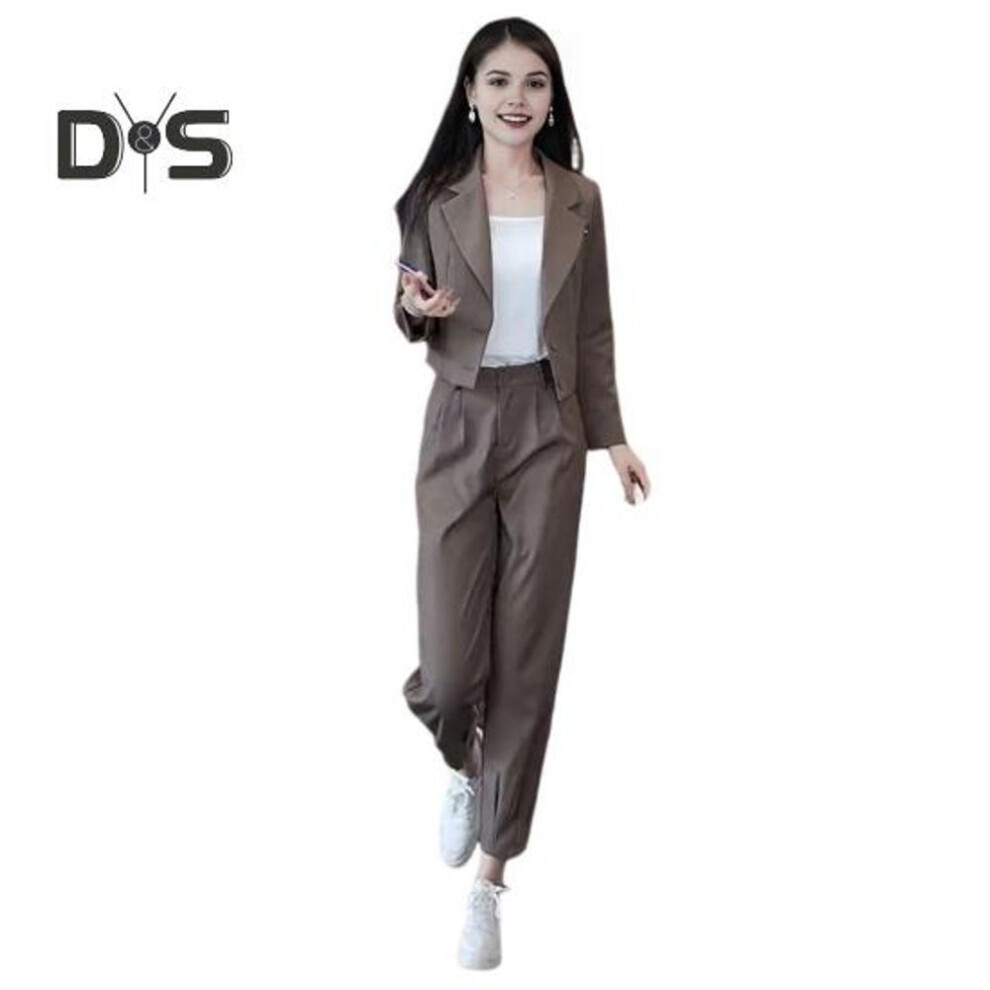 (coffee, M) 2 Pcs/set Women Coat Pants Set Lapel Double Buttons Cardigan Long Sleeve Jacket High Waist Solid Color Trousers Lady Formal Commute Outfit Business