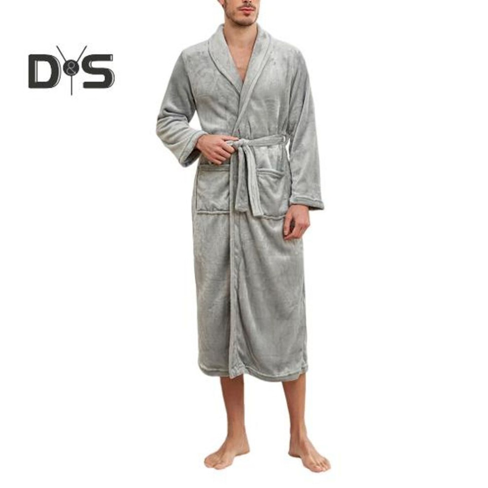 (S, grey) Men Winter Nightgown Thick Flannel Warm Tight Waist with Lace Up Belt Solid Color Lapel Pockets Great Water Absorption Mid Length Homewear Spa Hotel