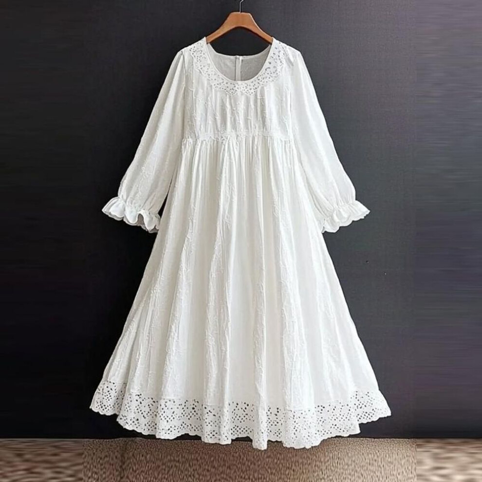(white, S) ZANZEA Women Summer Round Neck Trumpet Long Sleeve Lace Dresses