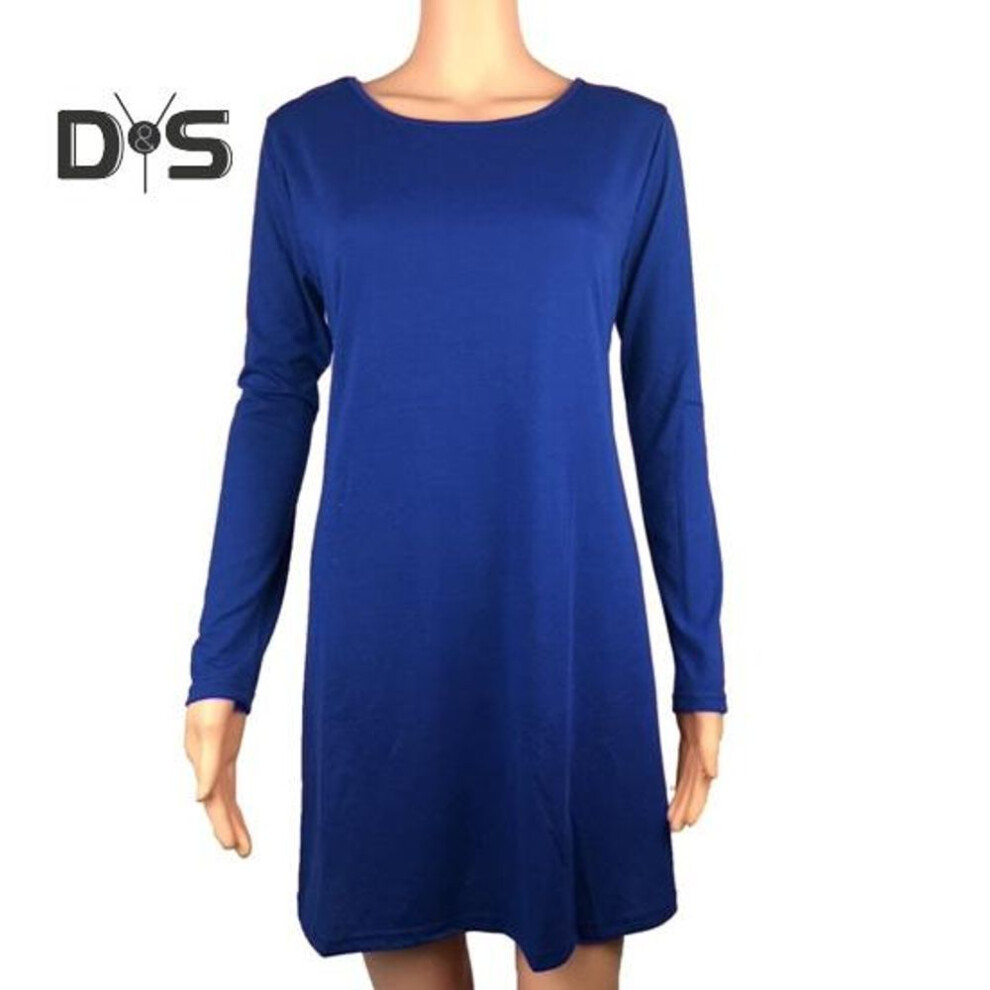 (royal blue, L) Fall Spring Women Dress Round Neck Loose Long Sleeves Pure Color A-line Pleated Mini Dress Casual Daily Wear School Work Short Dress