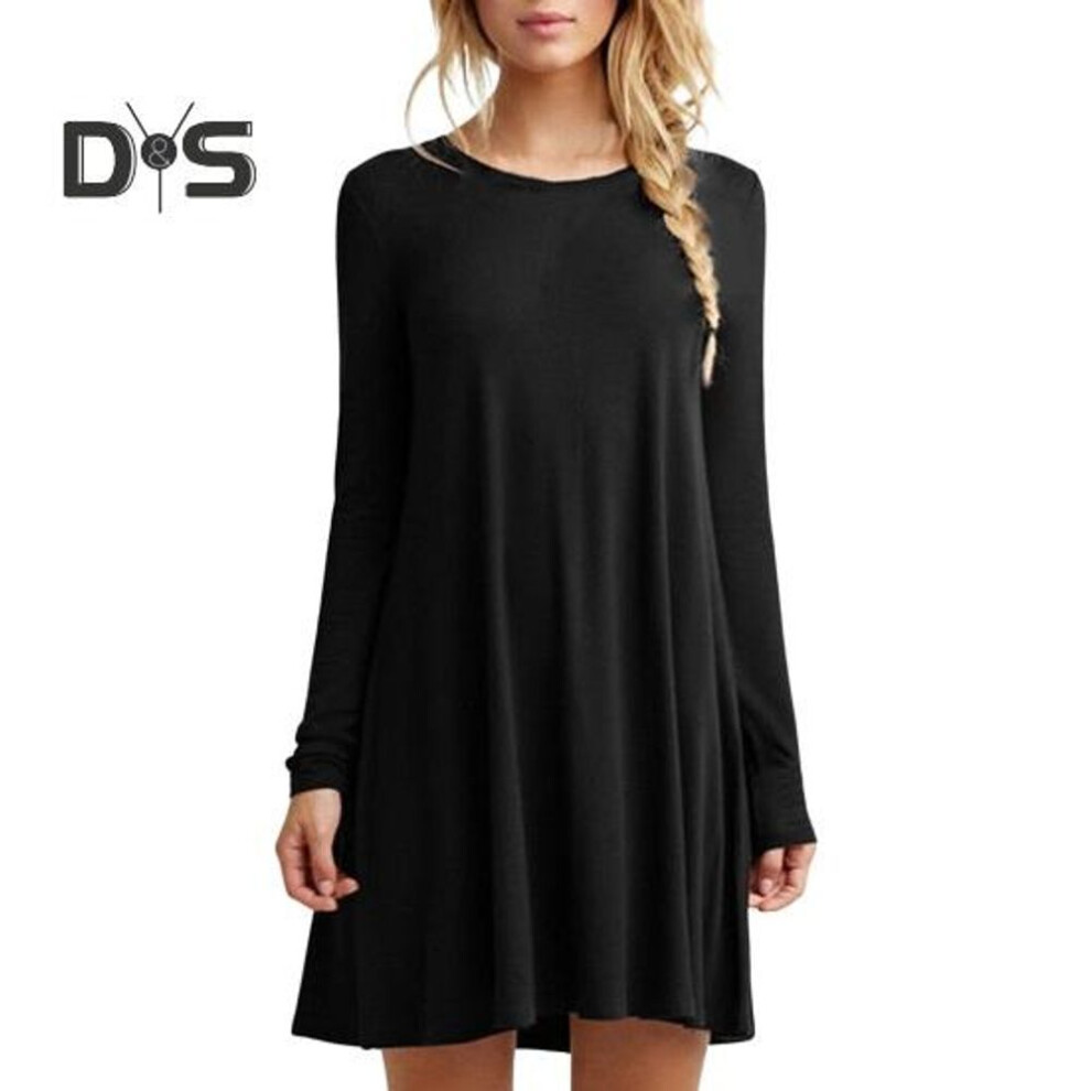 (black, 2XL) Fall Spring Women Dress Round Neck Loose Long Sleeves Pure Color A-line Pleated Mini Dress Casual Daily Wear School Work Short Dress