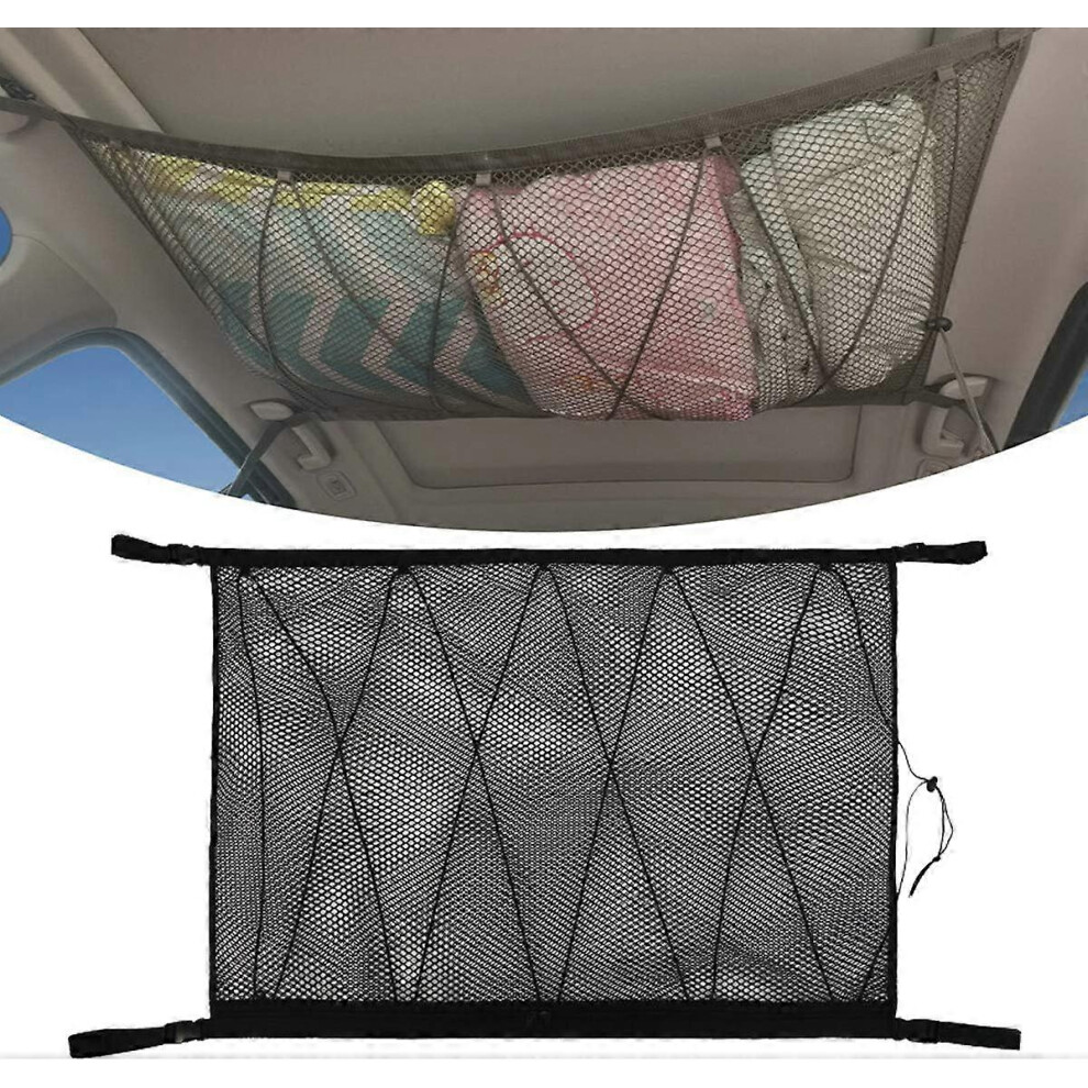 (As Show, One Size) Car Storage Net, General Motors Roof Bag With Zipper, Organizer Luggage Storage Net (Draw Cord Net) For Car Ceiling Black 4909775526615