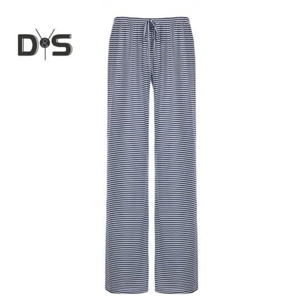 (blue, M) Women Casual Pants Straight Wide Leg Striped Print Long Trousers Adjustable Waist Strap Loose Fit Lounge Pants
