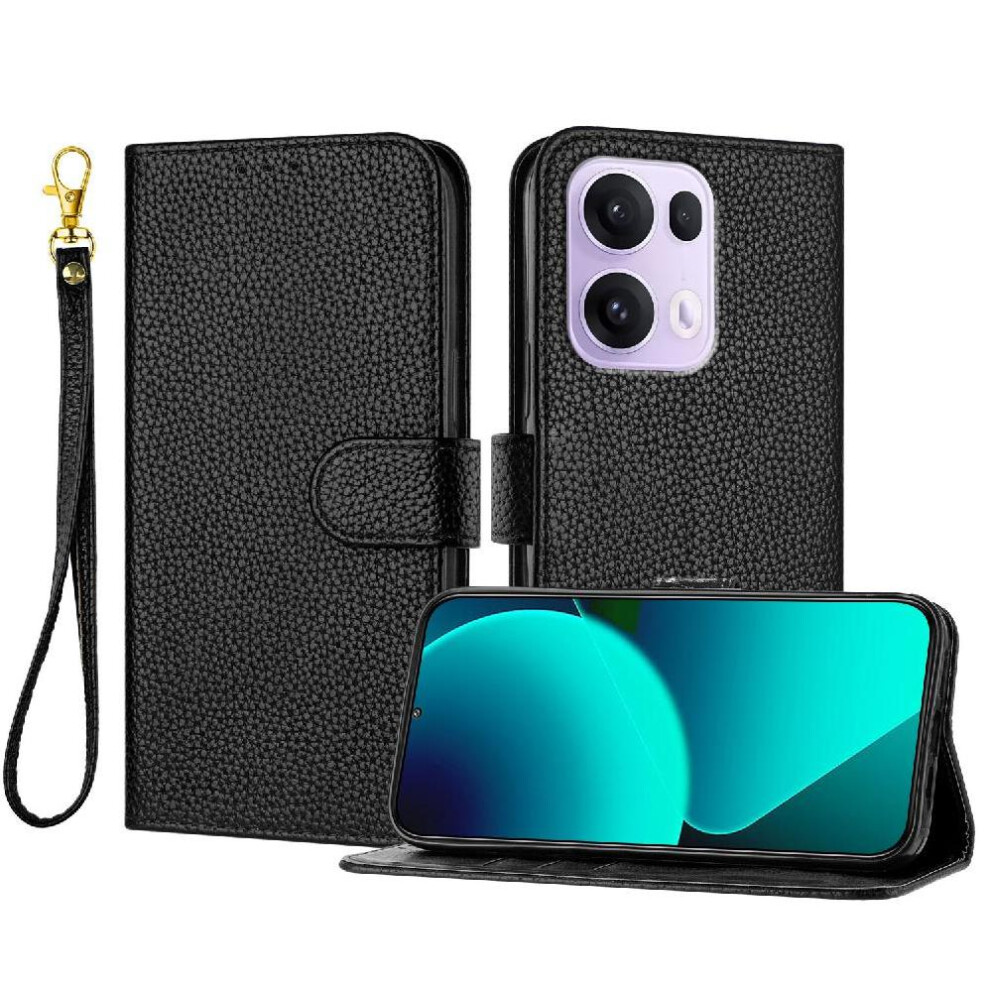 (Black) Phone Case For Oppo Reno 13 Pro 5G Wallet Litchi Pattern Pu Lether Flip Folio Card Slots Holder Black 764563494088