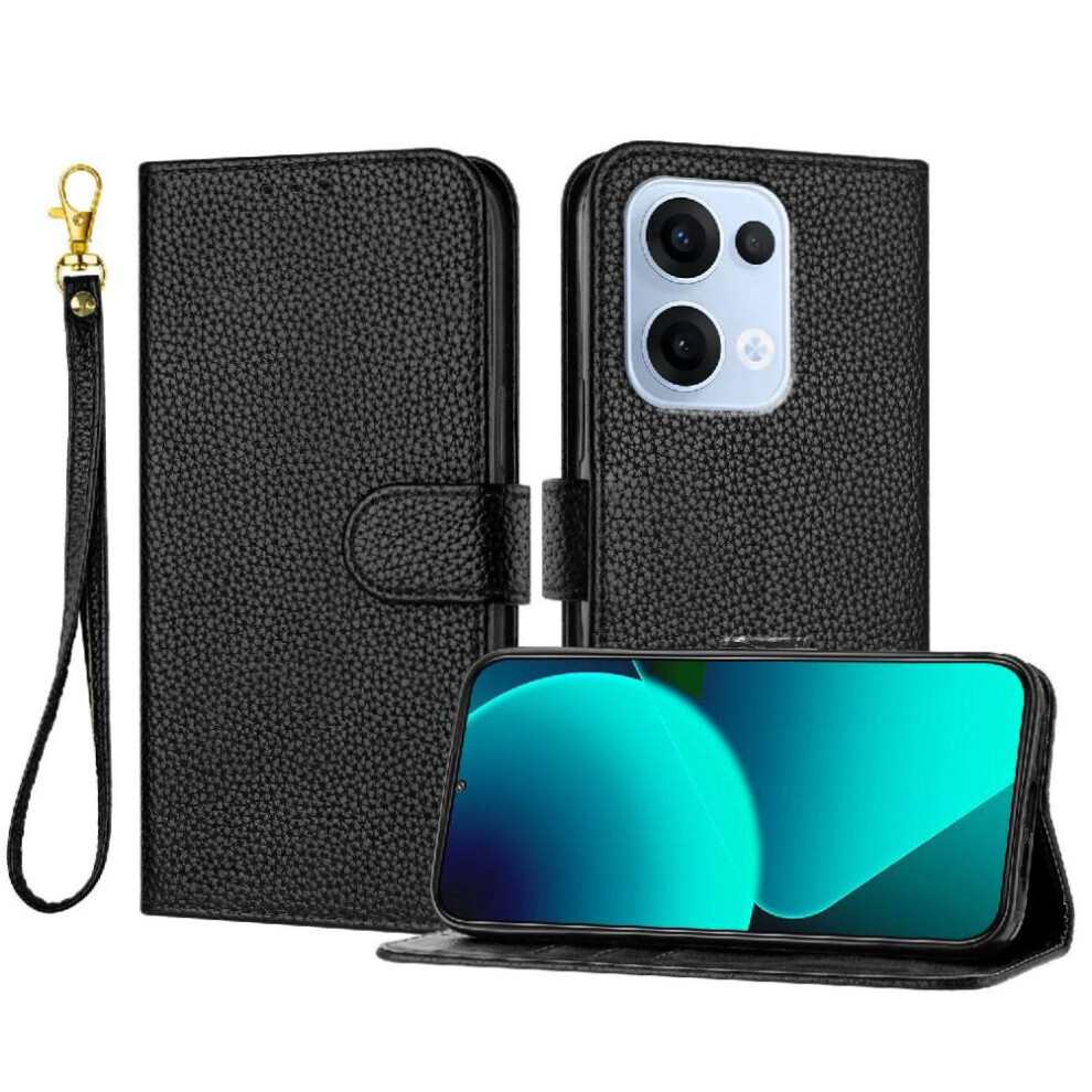 (Black) Phone Case For Oppo Reno 13 5G Wallet Pu Lether Flip Folio Card Slots Holder Litchi Pattern Black 764563494149