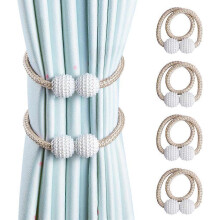 (As show, One size) Curtain Tiebacks, 4 Pieces Magnetic Curtain Tie Backs, Pearl Design Curtain Drapes Clips Rope Holdbacks for Home Office Window Decoration (Beige 4 Pac