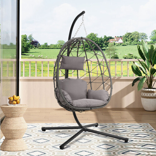 (Grey) Garden Egg Shape Hanging Chair with Stand &Cushion