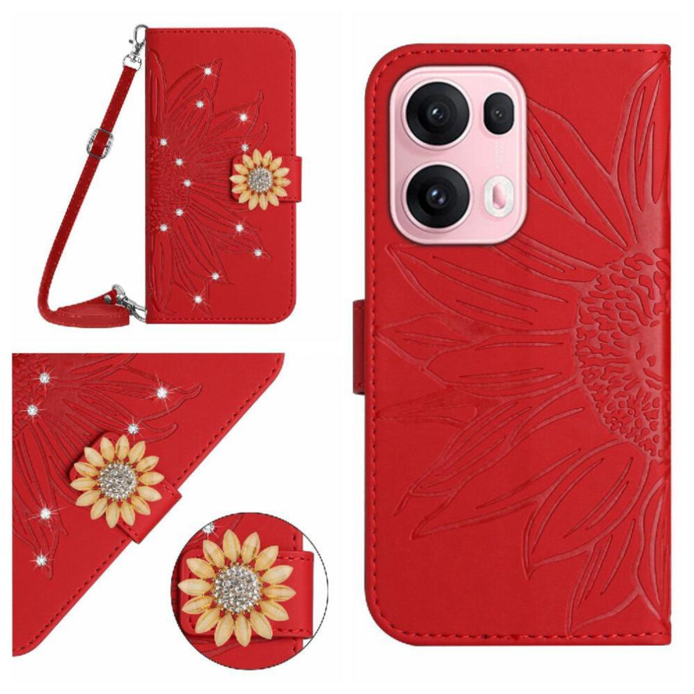 Photos - Case  Flip  for Oppo Reno 13 Pro 5g Leather Wallet Kickstand Protective Sunflower with A Long Lanyard with Card Slot Sta(Red)