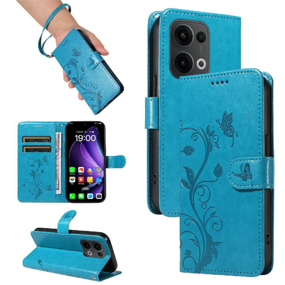 Photos - Case   for Oppo Reno 13 5g High Quality Leather with Hand Strap Embossed Butterfly Wallet Phone  and Card Slot(Blue)