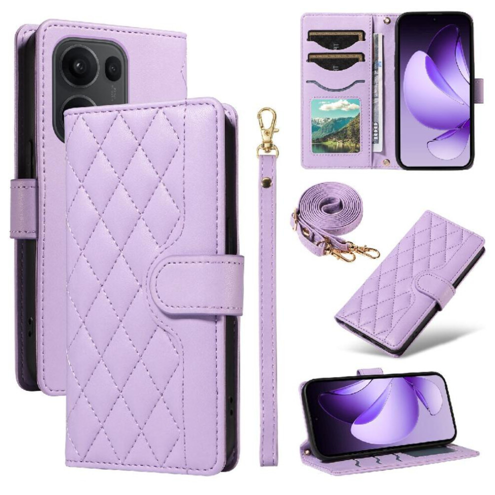 (Purple) Flip Case For Oppo Reno 13 Pro 5G Wallet Card Slots Detachable Wrist Strap And Long Lanyard Lattice Flip Folio Phone Case With Stand Purple 764563496518