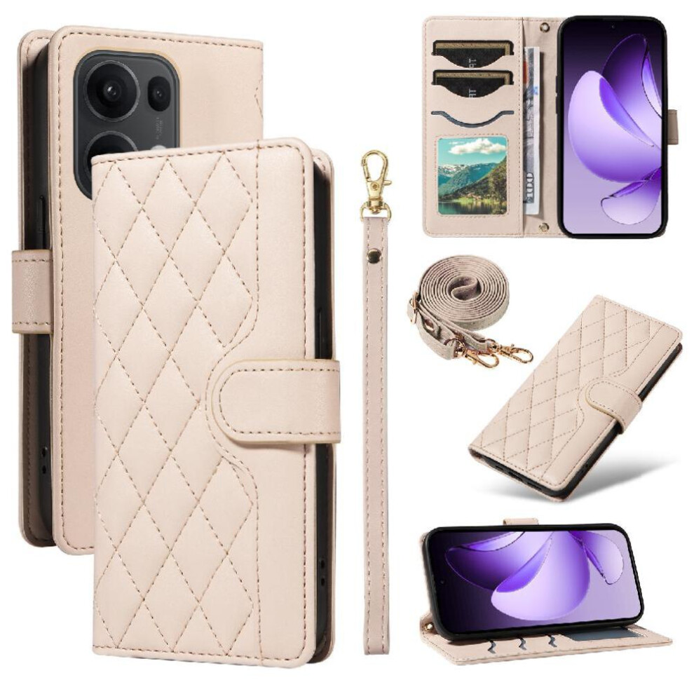 (Creamy ) Flip Case For Oppo Reno 13 Pro 5G Wallet Card Slots Detachable Wrist Strap And Long Lanyard Lattice Flip Folio Phone Case With Stand White 764563496532