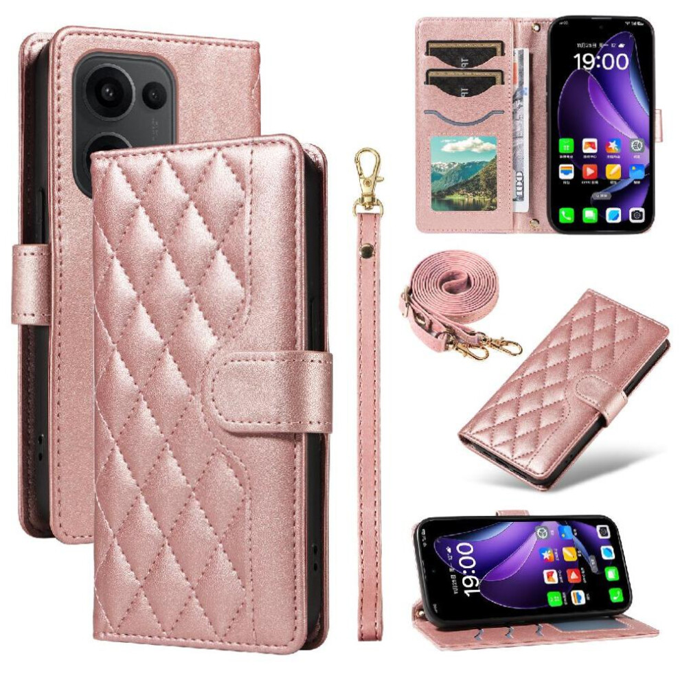 (Pink) Flip Case For Oppo Reno 13 5G Detachable Wrist Strap And Long Lanyard Lattice Flip Folio Phone Case With Stand Wallet Card Slots Pink 764563496570