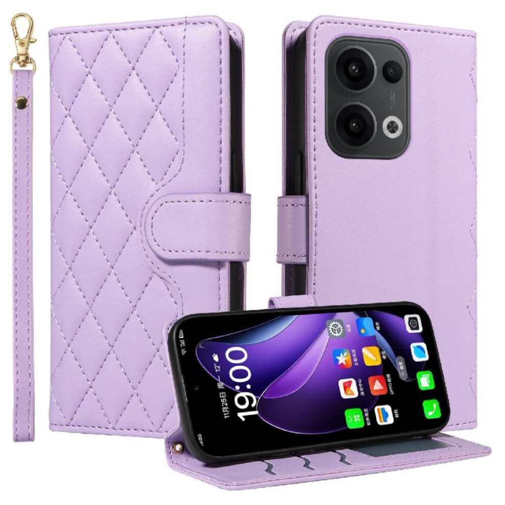 (Purple) Flip Case For Oppo Reno 13 5G Detachable Wrist Strap And Long Lanyard Lattice Flip Folio Phone Case With Stand Wallet Card Slots Purple 764563496594